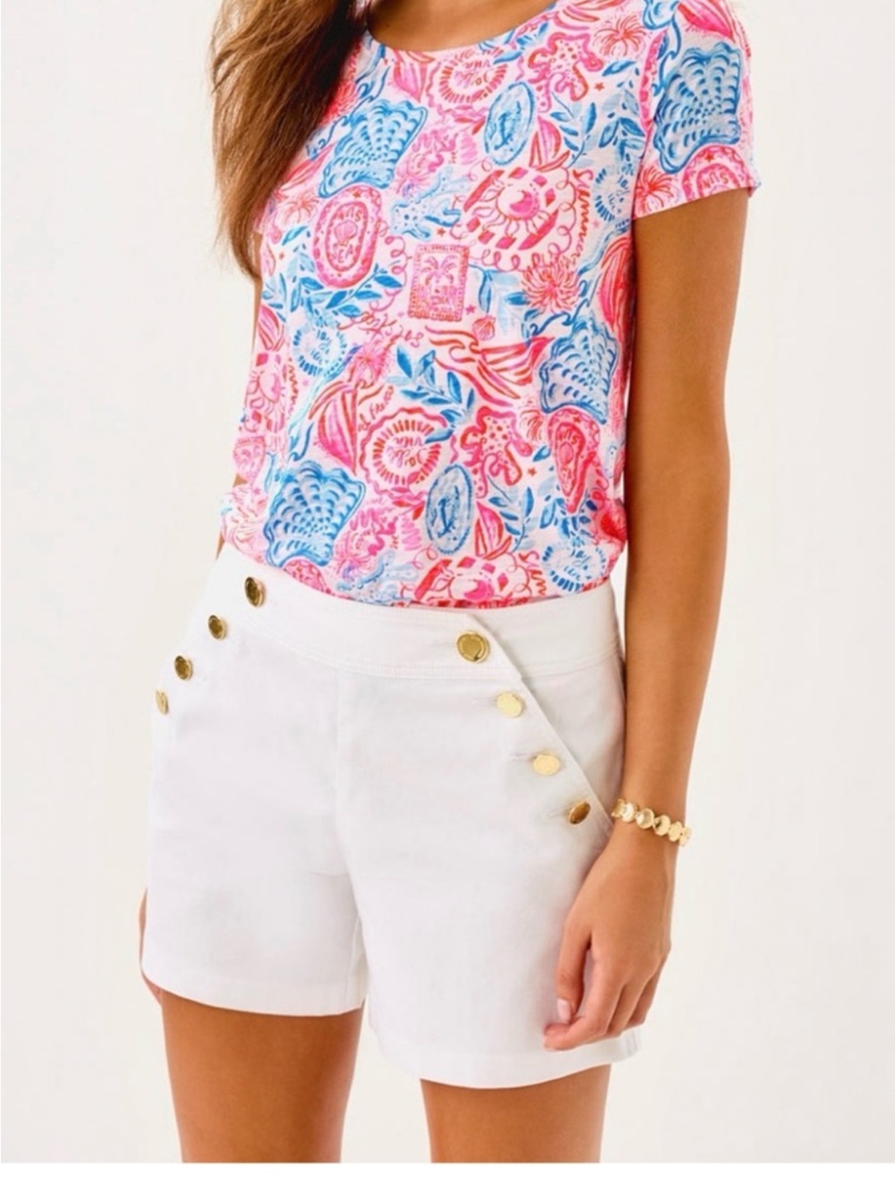 Lilly Pulitzer White High-Waist Shorts with Gold Buttons . NWT